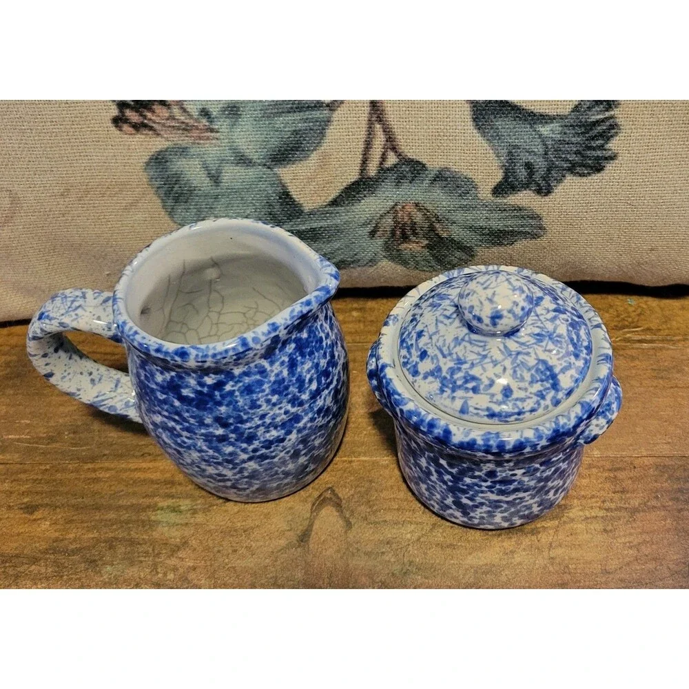 Adorable Blue and White Spongeware Sugar Bowl & Creamer Set - 1950's